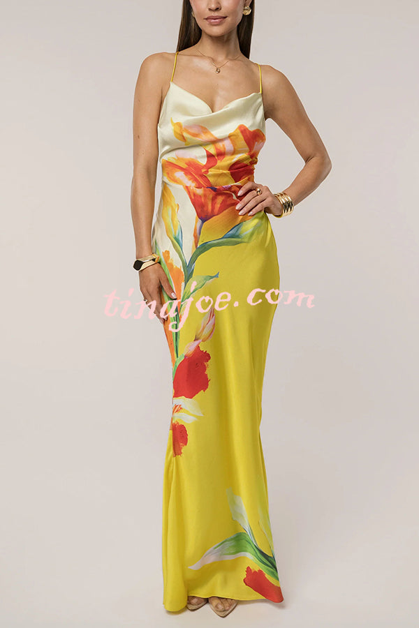 Luisa Satin Floral Print Cowl Neck Sexy Open Back Tie-up Maxi Dress