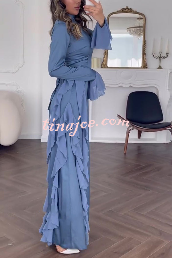 Cline Solid Color High Neck Long Sleeve Elegant Ruffles Maxi Dress