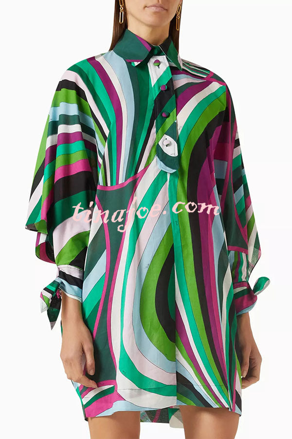Lorrie Unique Print Button Slit Tie-up Sleeve Oversized Shirt Mini Dress