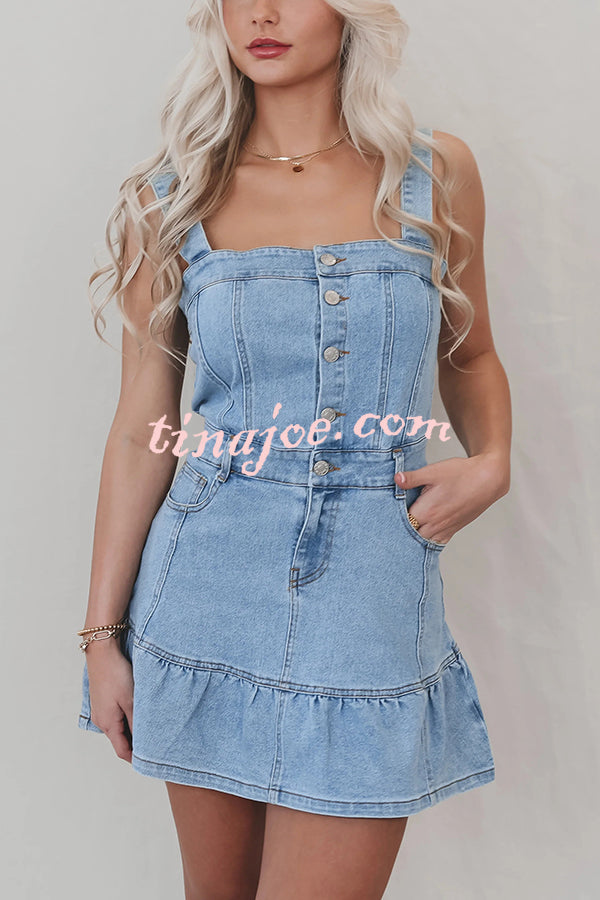 Solid Square Neck Suspender Button Pocket Denim Mini Dress