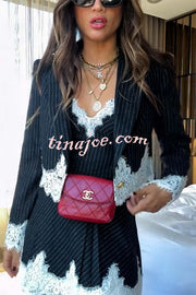 Emily in Paris Striped Lace Trim Lapel Crop Loose Blazer