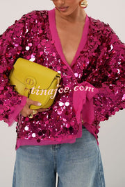 Fashion Sequined Long-sleeved V-neck Loose Lace-up Cardigan