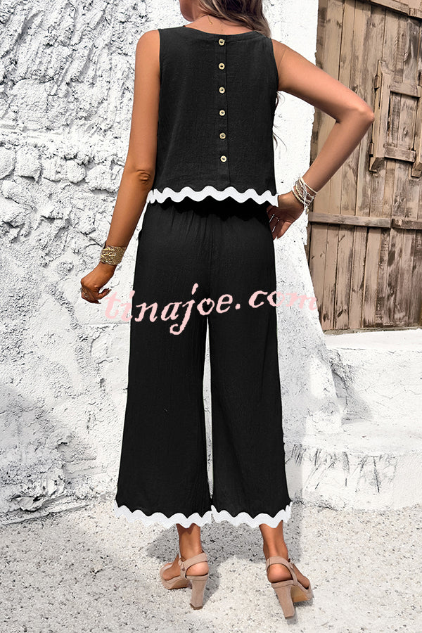 Wave Trimmed Round Neck Buttoned Elastic Waist Pants Suit