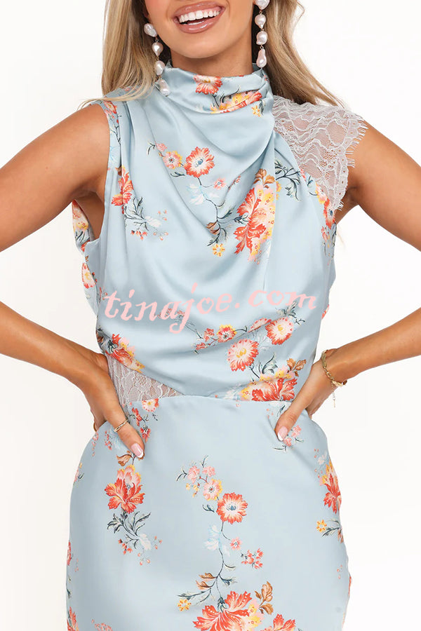 Anabelle Satin Lace Detail Floral Print High Cowl Neck Maxi Dress