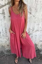 Linen Blend Solid Color Suspenders Loose Pockets Casual Wide-leg Jumpsuit