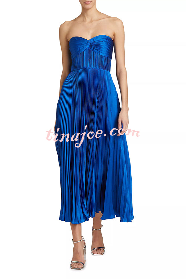 Love Note Satin Sweetheart Twist Off Shoulder Pleated Maxi Dress