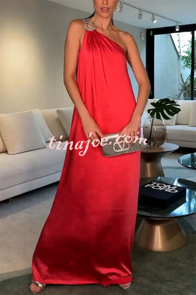 Charming Glance Satin Metal Hardware One Shoulder Loose Maxi Dress