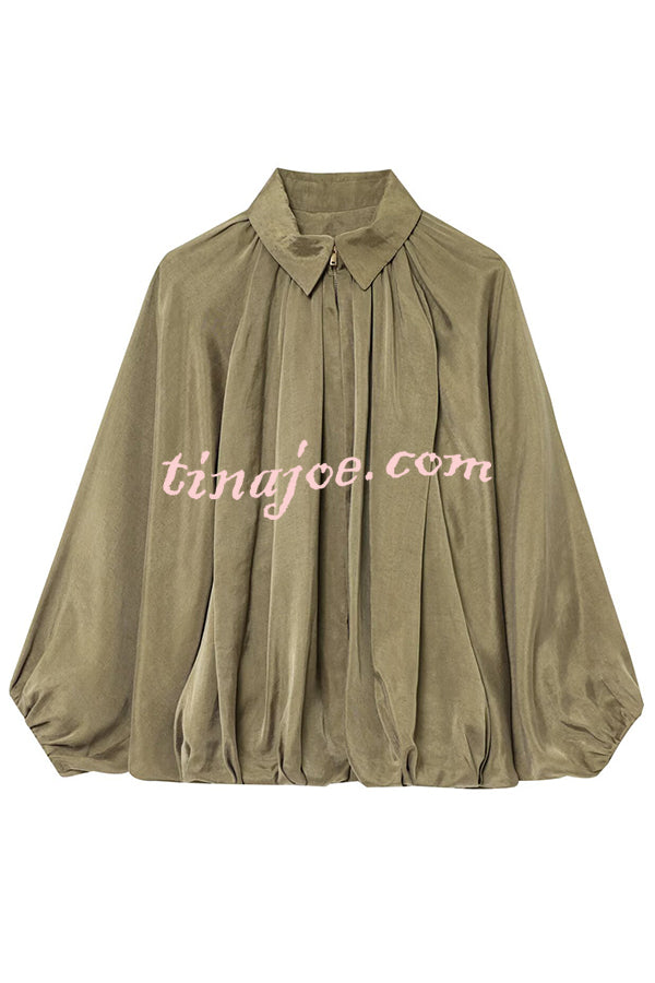 Fashion Lapel Loose Puff Long Sleeve Casual Zipper Jacket