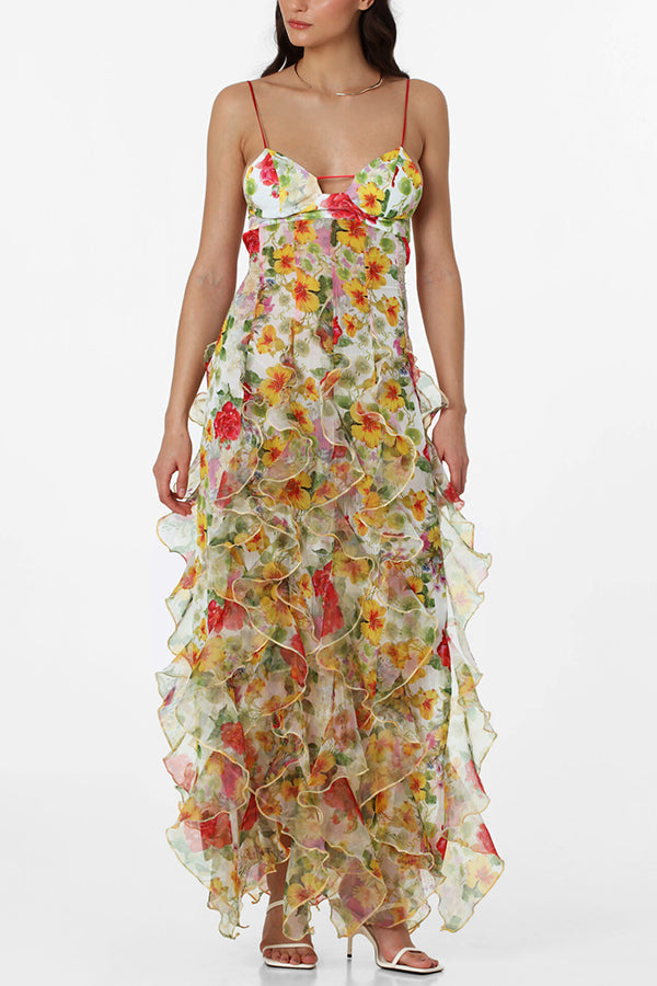 Sunrise Goddess Chiffon Roses Print Ruffles Tiered Trim Maxi Dress