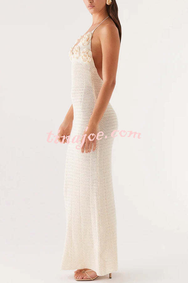 Olivia Crochet Knit Rose Texture Backless Stretch Maxi Dress