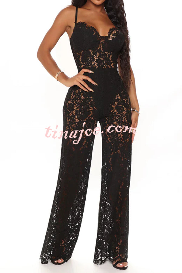 Sexy Moment Floral Lace Lined Suspender Wide Leg Stretch Jumpsuit