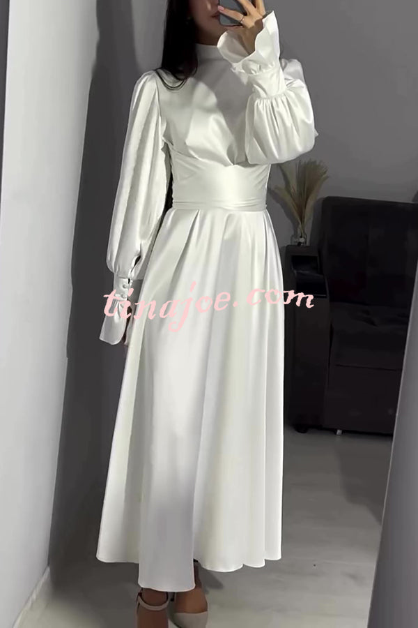 Solid Color Ruffled Sleeves Waisted Tie Slim Fit Maxi Dress