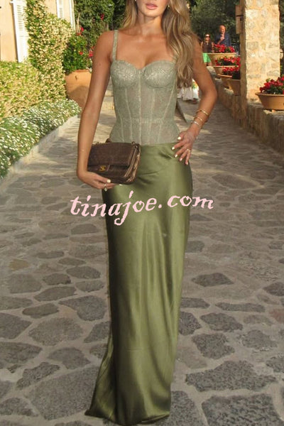 In A Fairytale Lace Satin Mid Rise Drape Maxi Skirt