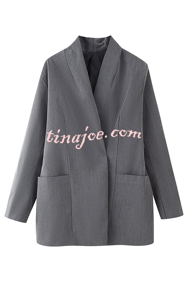Solid Color Lapel Long Sleeve Casual Pocket Long Blazer