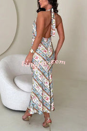 Garden Goddess Unique Colorblock Floral Print Halter Backless Maxi Dress