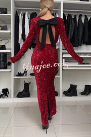 My Space Velvet Sequin Long Sleeve Open Back Bow Detail Stretch Maxi Dress