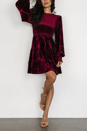 Solid Velvet Long Sleeve Crew Neck Smocked Ruffle Mini Dress