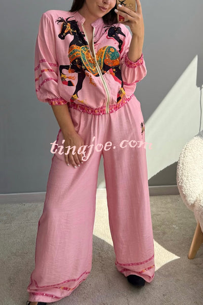 Unique Printed Long-sleeved Zip-up Loose Top and Elastic Waist Casual Wide-leg Pants Set