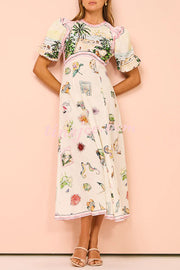 European Summer Sunset Linen Blend Unique Print Puff Sleeve Midi Dress