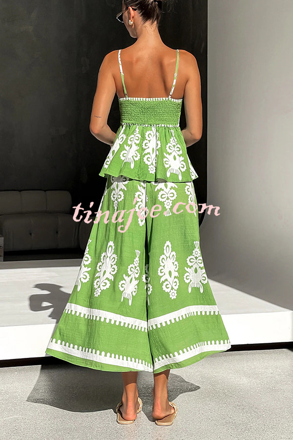 Unique Ethnic Print Suspender Pleated Top and Elastic Waist Loose Wide-leg Pants Set