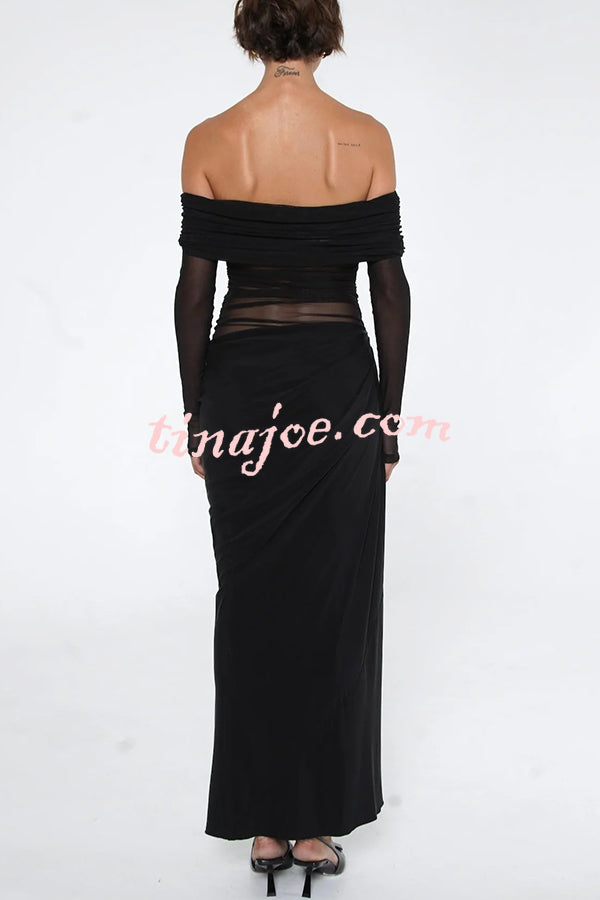 Exquisite Sexy Mesh Patchwork Off Shoulder Cutout Ruched Maxi Dress