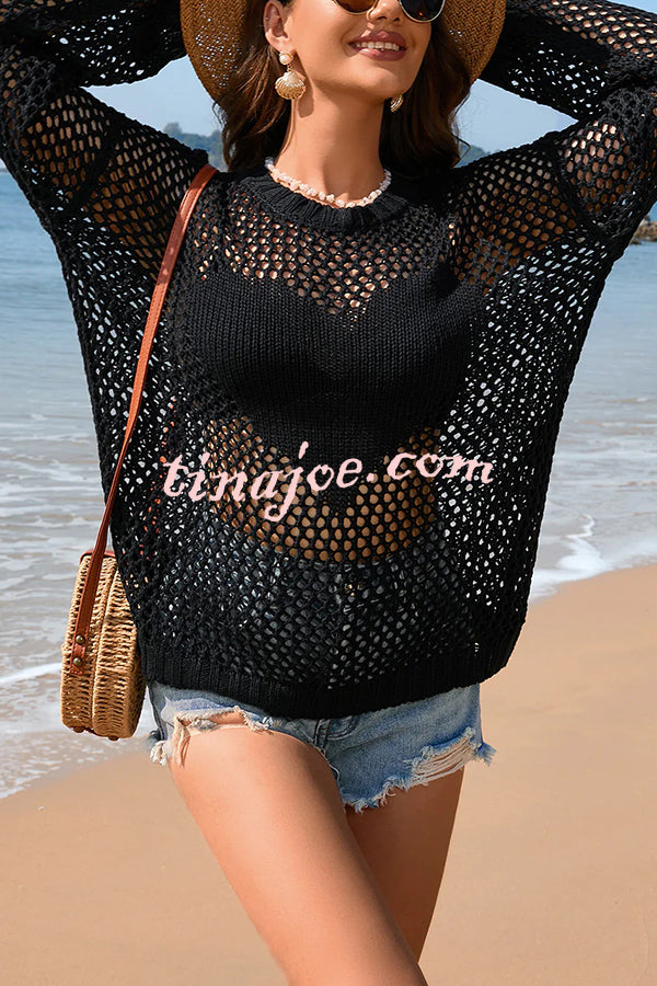 Solid Color Round Neck Long Sleeve Heart Knitted Beach Cover Up