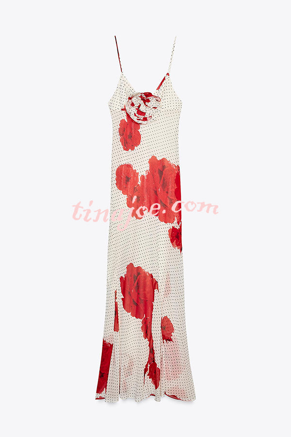 Vanna Poka Dot Floral Print 3D Flower Detail Slip Maxi Dress