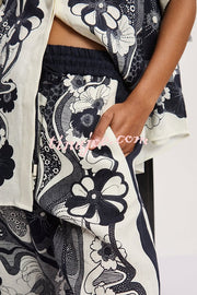 Linen Blend Lapel Short Sleeve Loose Top and Elastic Waist Casual Pocket Wide Leg Pants Set