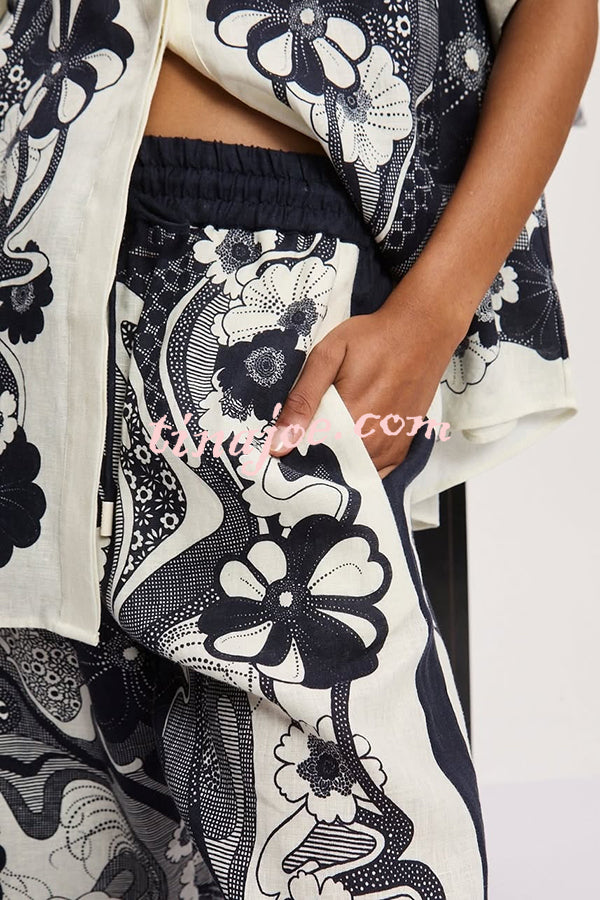 Linen Blend Lapel Short Sleeve Loose Top and Elastic Waist Casual Pocket Wide Leg Pants Set