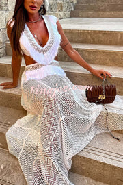 Saralyn Hollow Mesh Tassel Trim Irregular Hem Vacation Maxi Dress