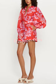 Linen Blend Botanical Print Lapel Puff Sleeve Loose Tie Casual Rompers