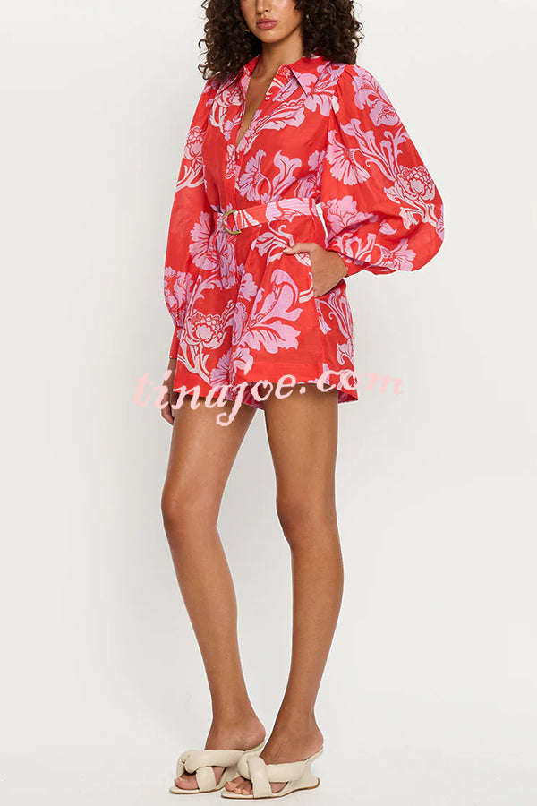 Linen Blend Botanical Print Lapel Puff Sleeve Loose Tie Casual Rompers