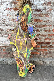 Jungle Miracle Animal Unique Print Button Long Sleeve Midi Relaxed Blouse