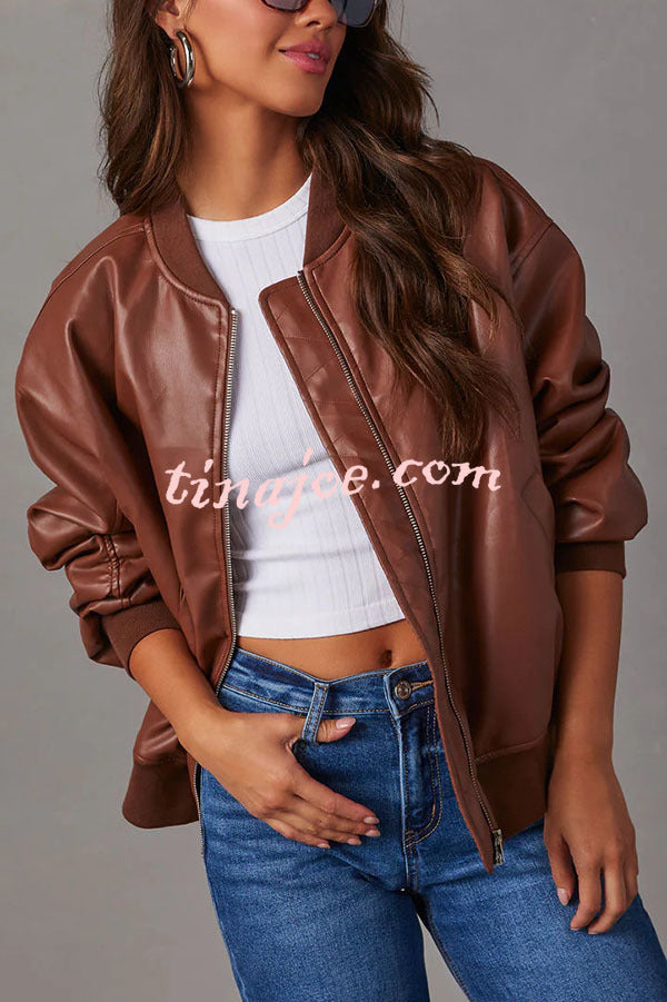 Solid Color Long Sleeve Loose Pocket Leather Jacket