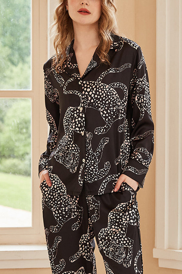 Black Jaguar Print Home Long-sleeved Two-piece Set