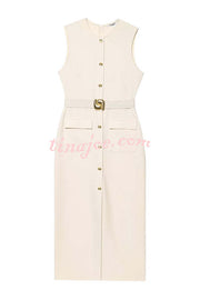 Danina Button Up Sleeveless Metal Belted Pocket Stretch Midi Dress