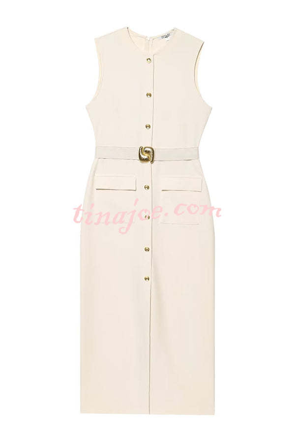 Danina Button Up Sleeveless Metal Belted Pocket Stretch Midi Dress