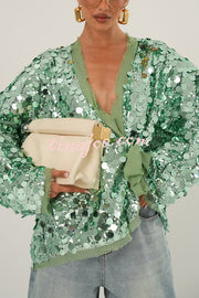 Fashion Sequined Long-sleeved V-neck Loose Lace-up Cardigan
