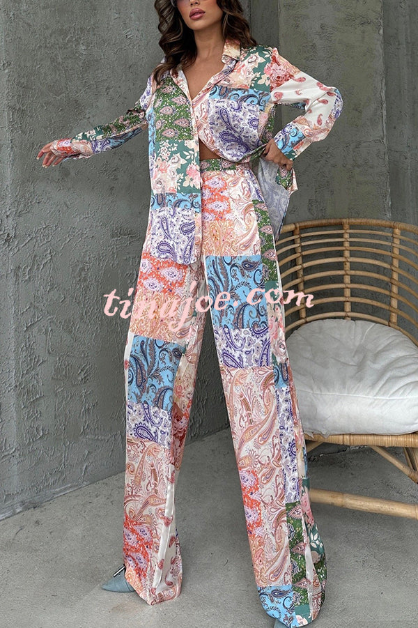 Unique Ethnic Print Long-sleeved Shirt and Elastic Waist Pants Set