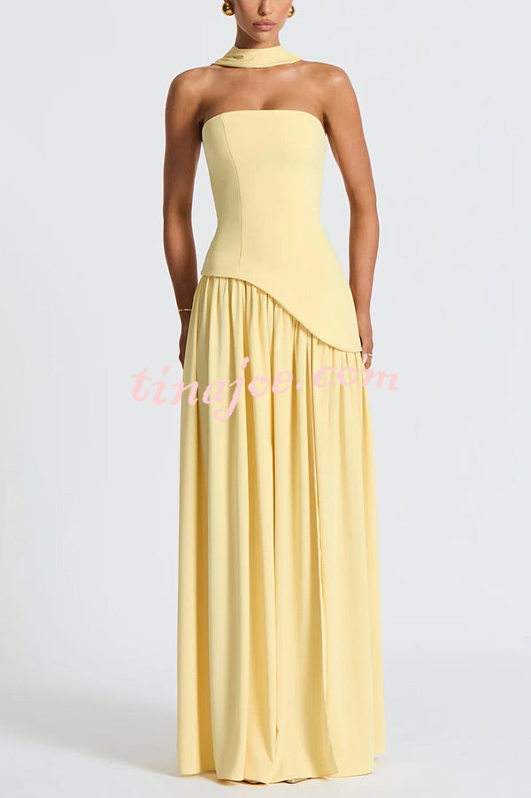 Elegant Off Shopulder Chiffon Pleated Hem Scarf Slit Maxi Dress