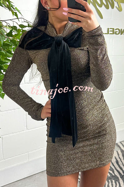 Fashion Sequin Long Sleeve Black Velvet Bow Mini Dress