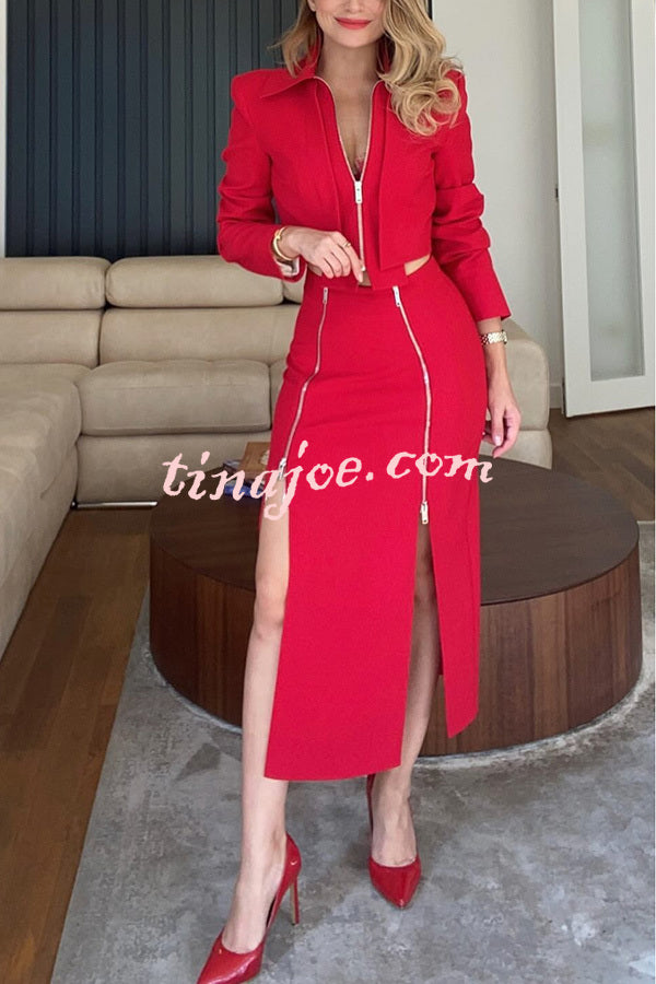 Stylish Mood Zippered Detail Crop Jacket and High Rise Stretch Slit Midi Skirt Set