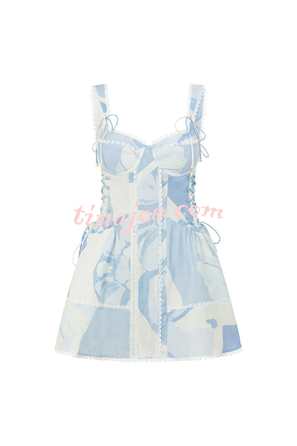 Avere Linen Blend Unique Print Scallop Trim Side Lace-up Mini Dress