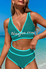 Solid Color Contrast High Waist Stretch Bikini Swimsuit