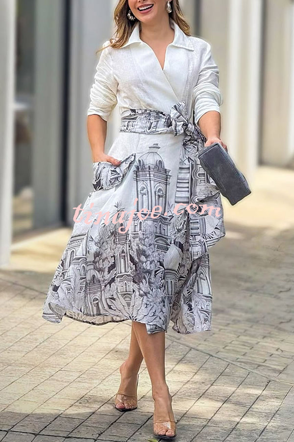 Jiles Linen Blend Unique Contrast Print Long Sleeve Tie-up Pocket Shirt Midi Dress
