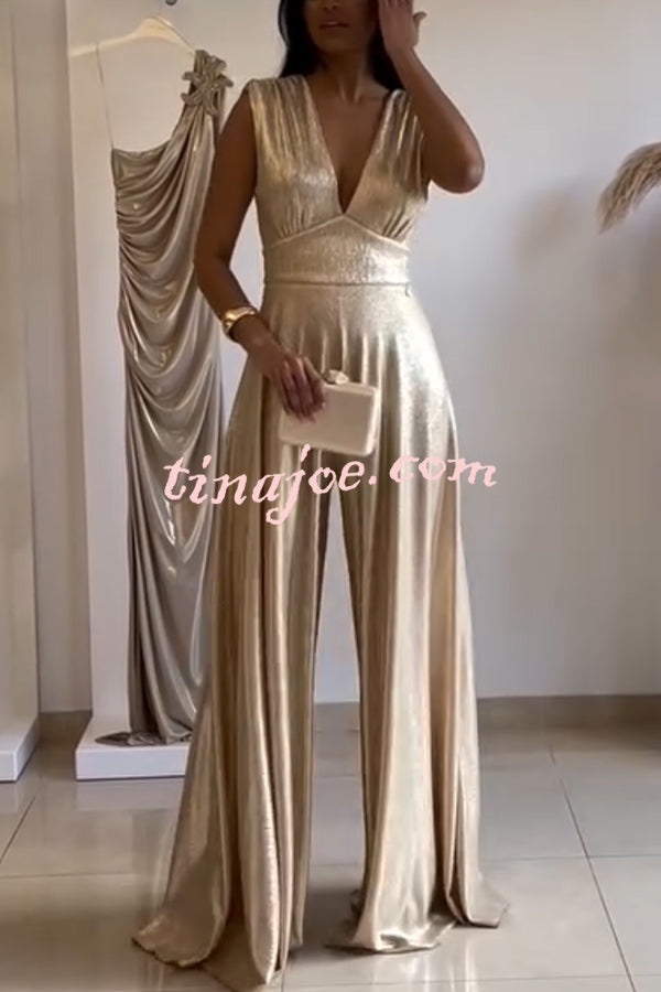 Roisin Metallic Fabric Ruched Shoulder V-neck Wide Leg Drape Jumpsuit