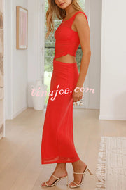 Solid Color Mesh Splicing Waist-baring Slim Maxi Dress