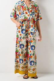 Linen Blend Unique Print Loose Short Sleeve Shirt and Elastic Waist Tie Pocket Pants Set