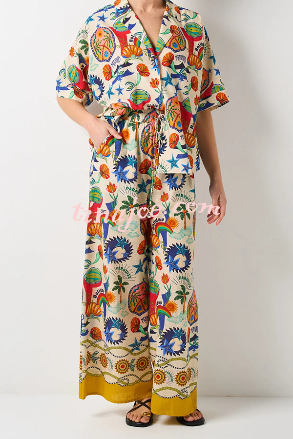 Linen Blend Unique Print Loose Short Sleeve Shirt and Elastic Waist Tie Pocket Pants Set