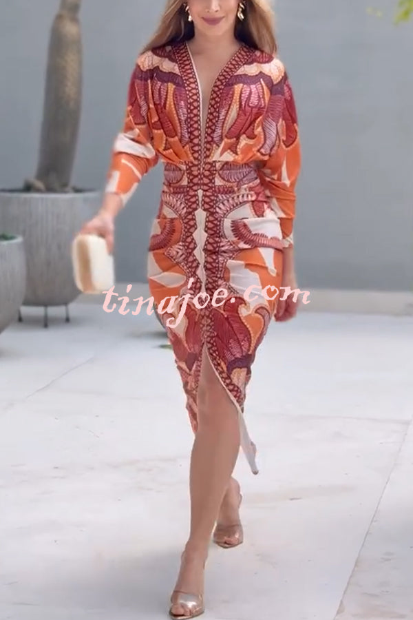 Brazilian Style Unique Print Dolman Long Sleeve Ruched Slit Midi Dress